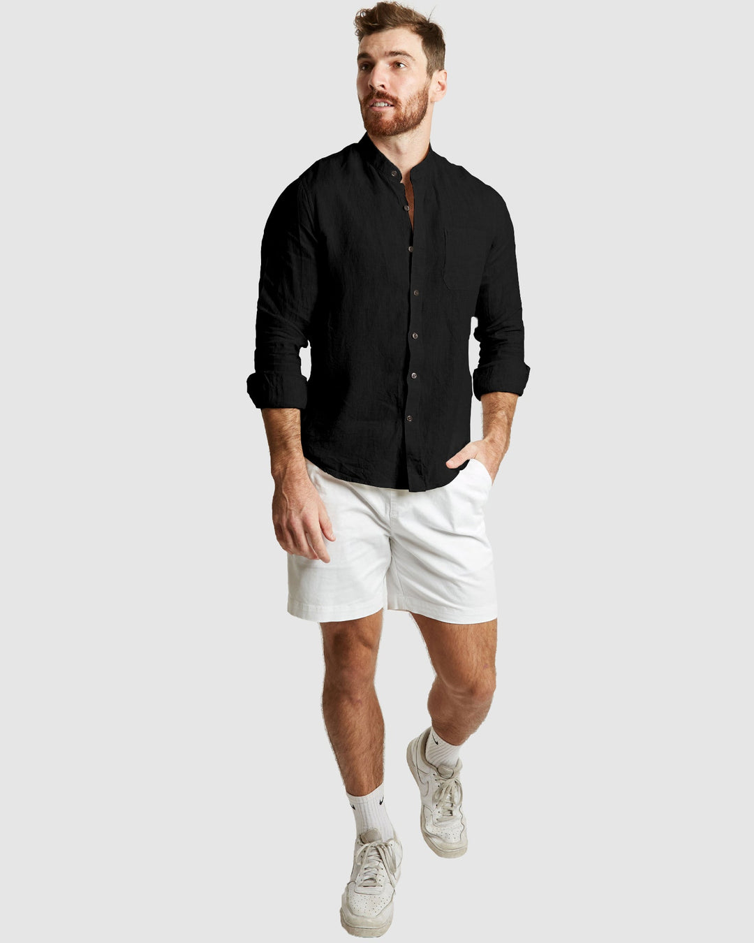 Palma Black Mandarin Collar Linen Shirt - Casual Fit