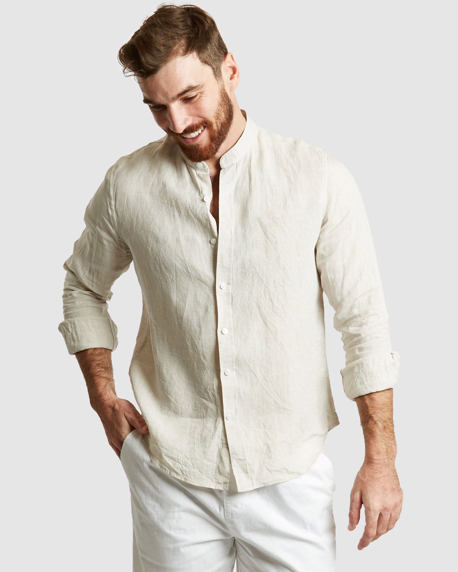 Palma-Casual Sand Mandarin Collar Linen Shirt – camixa.com