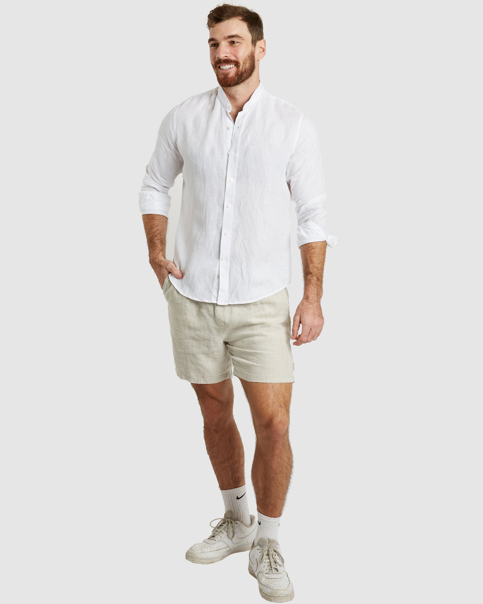 Palma White Mandarin Collar Linen Shirt Casual Fit camixa