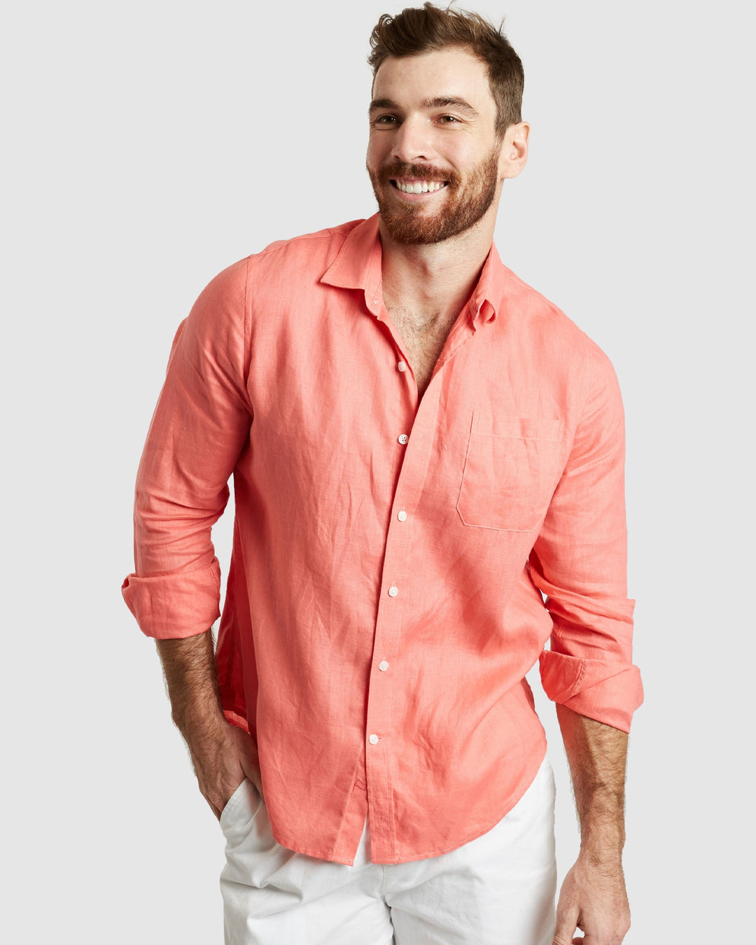 mens coral colored dress shirts Tulum-Casual Coral Linen Shirt Long Sleeve – camixa.com