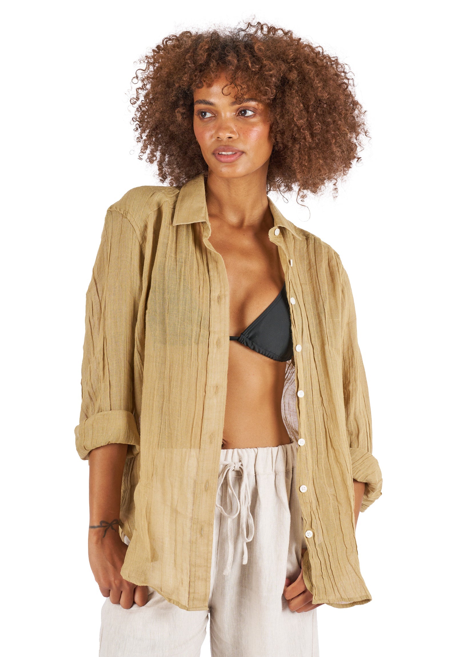 Crinkle-Shirt Khaki Oversized Linen Shirt – camixa.com