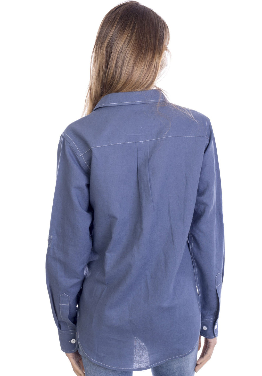 Febe Prussian Blue, Casual linen shirt with roll-up tabs