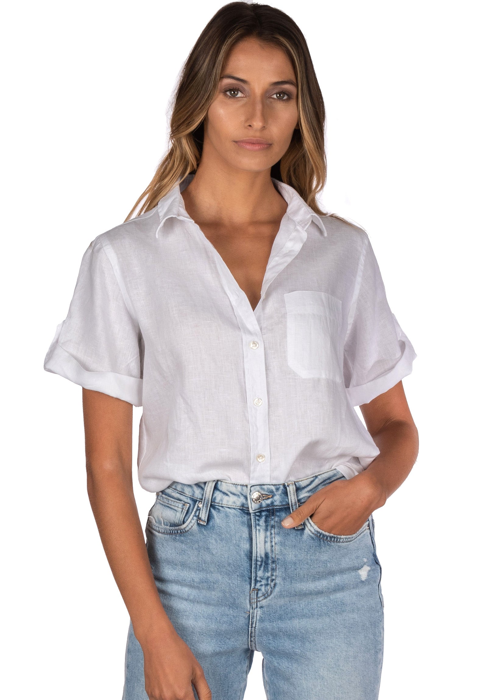 Febe Short Sleeve White Casual Linen Camp Shirt camixa