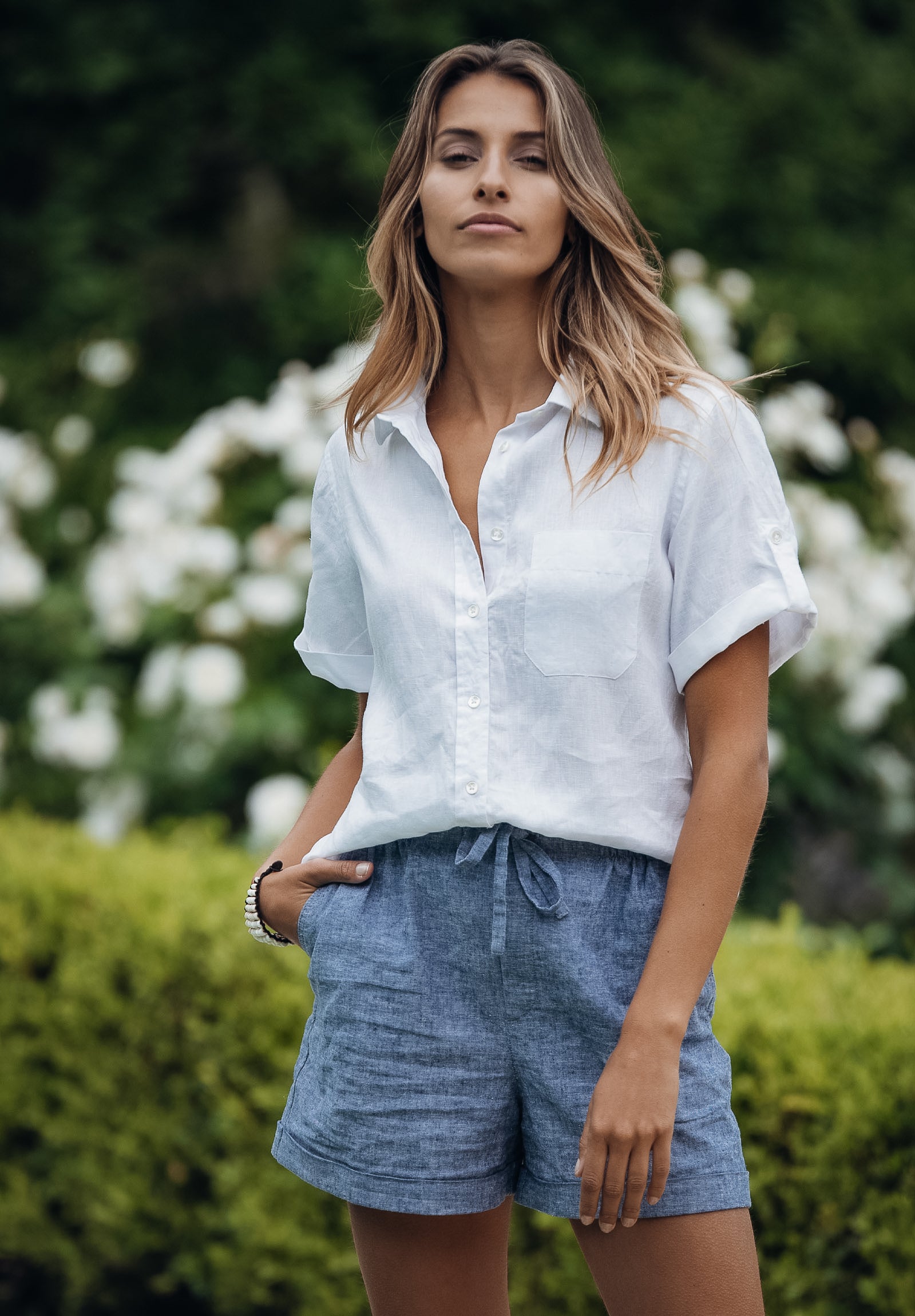 Febe Short Sleeve White Casual Linen Camp Shirt camixa