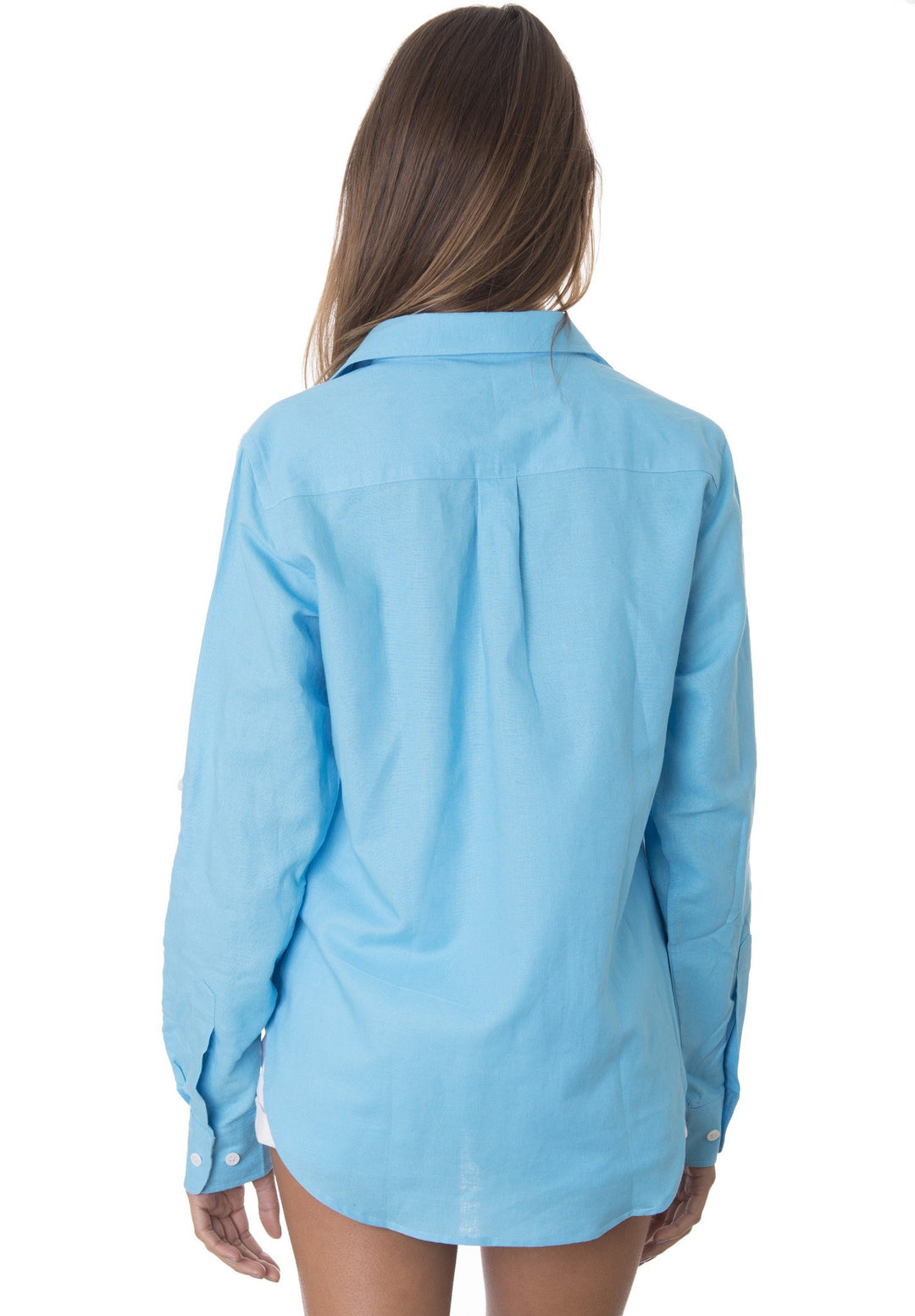 Febe Turquoise, Casual linen shirt with roll-up tabs