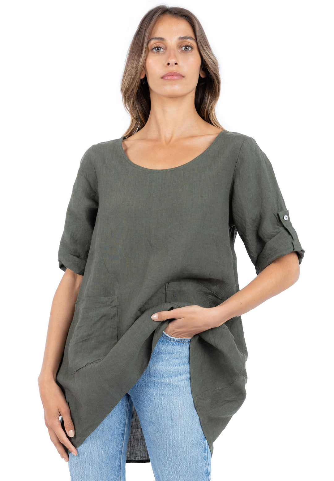 Federica Olive Green, Sand Washed Linen Tunic Top
