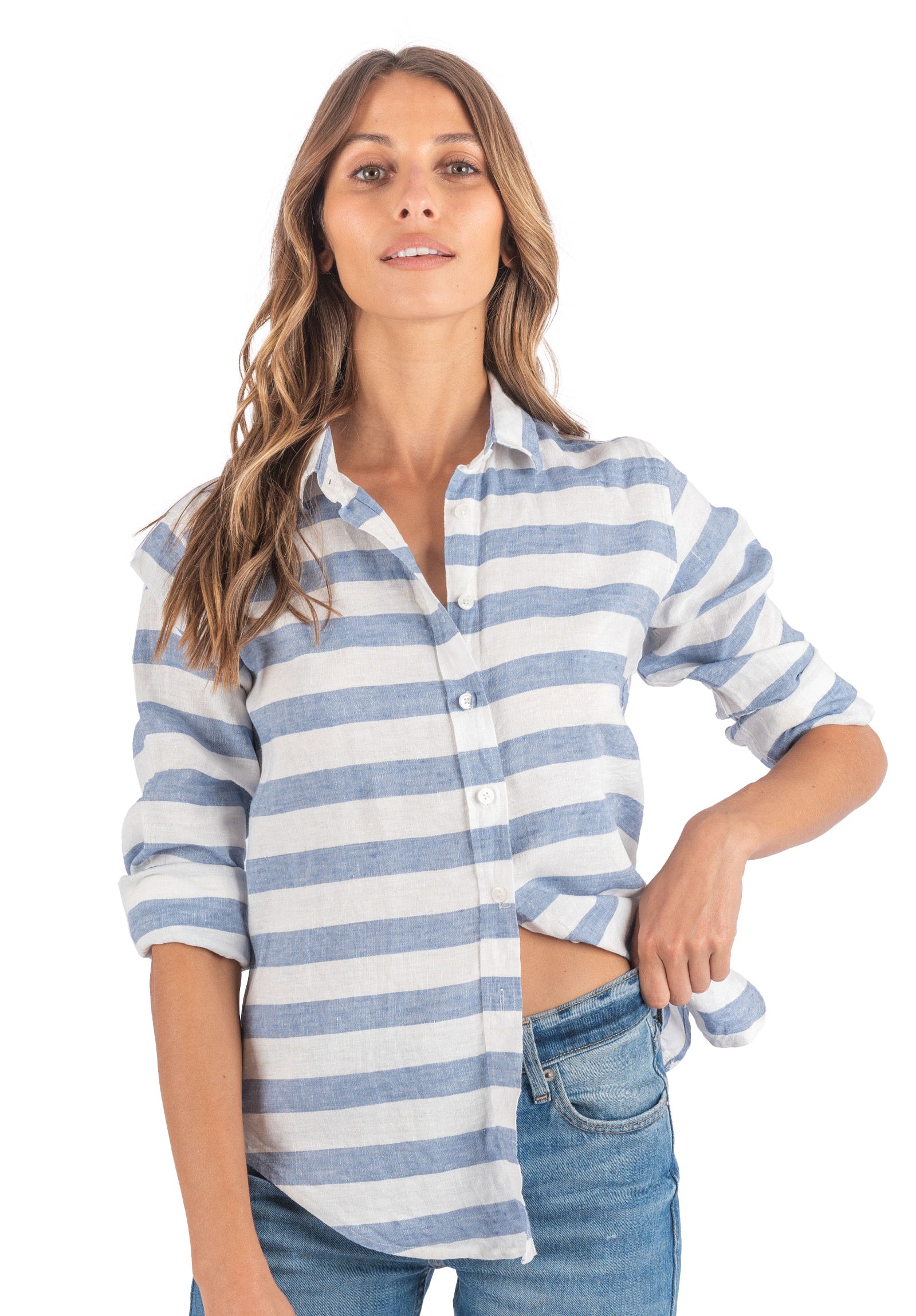 Iris Hera Blue Horizontal Stripes Classic Fit Linen Shirt – camixa.com