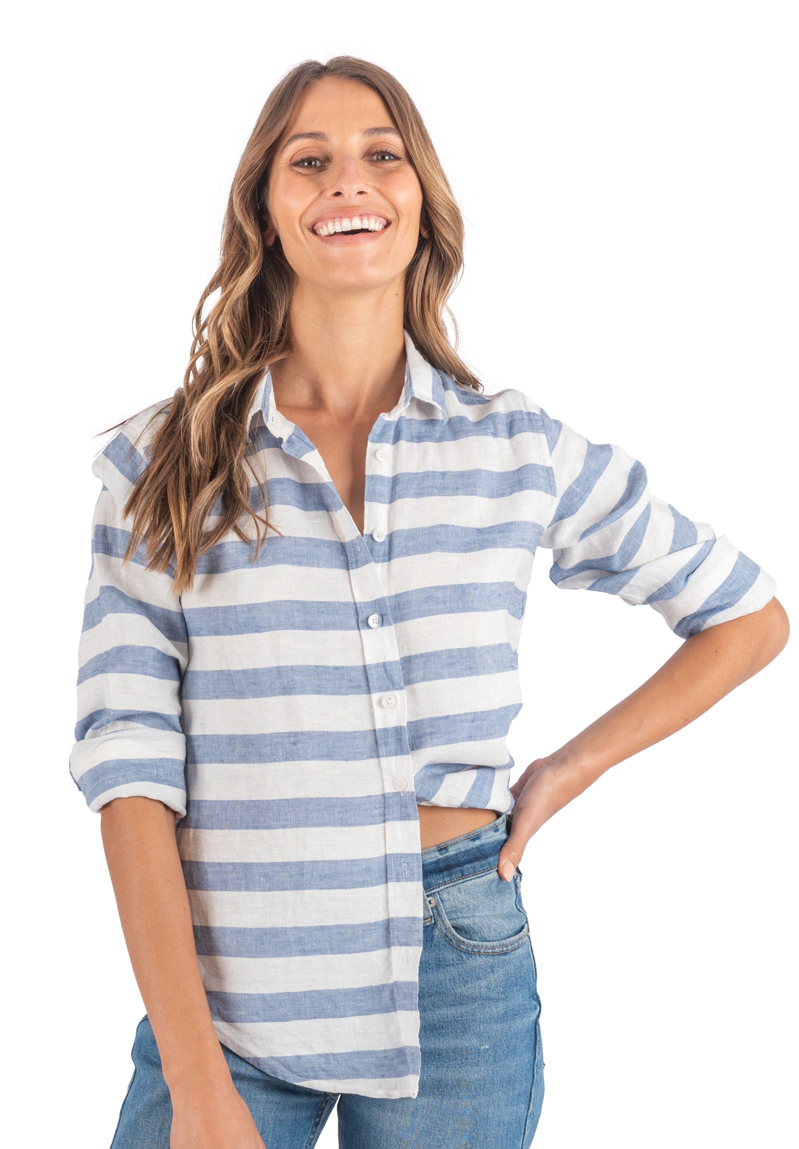 Iris Hera Blue Horizontal Stripes Classic Fit Linen Shirt – camixa.com