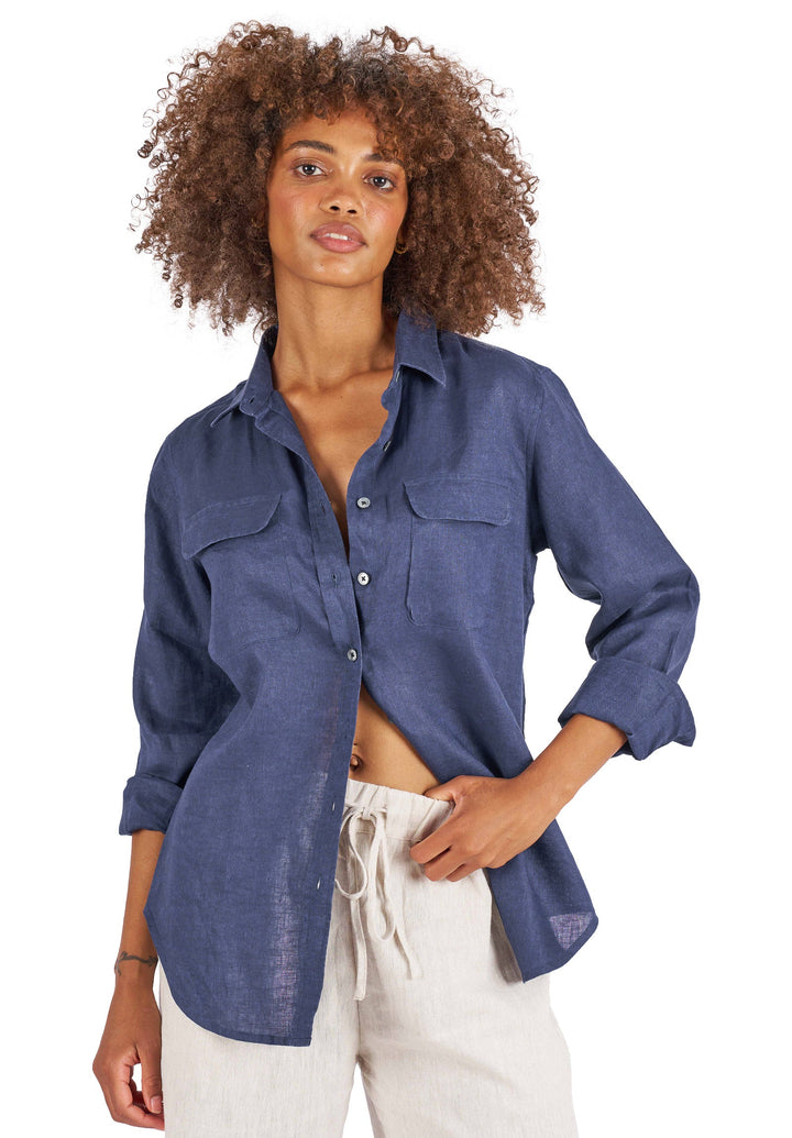 Lete-Linen Navy Blue Relaxed Linen Shirt With Pockets