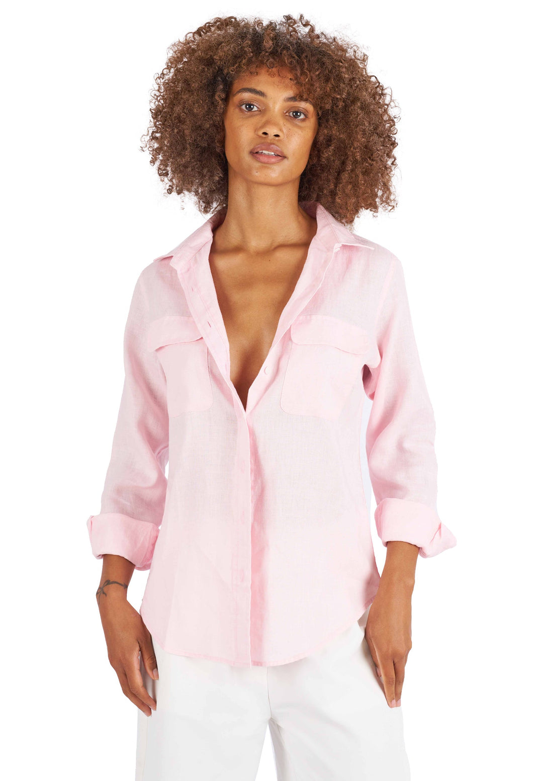 Lete-Linen Pink Relaxed Linen Shirt With Pockets