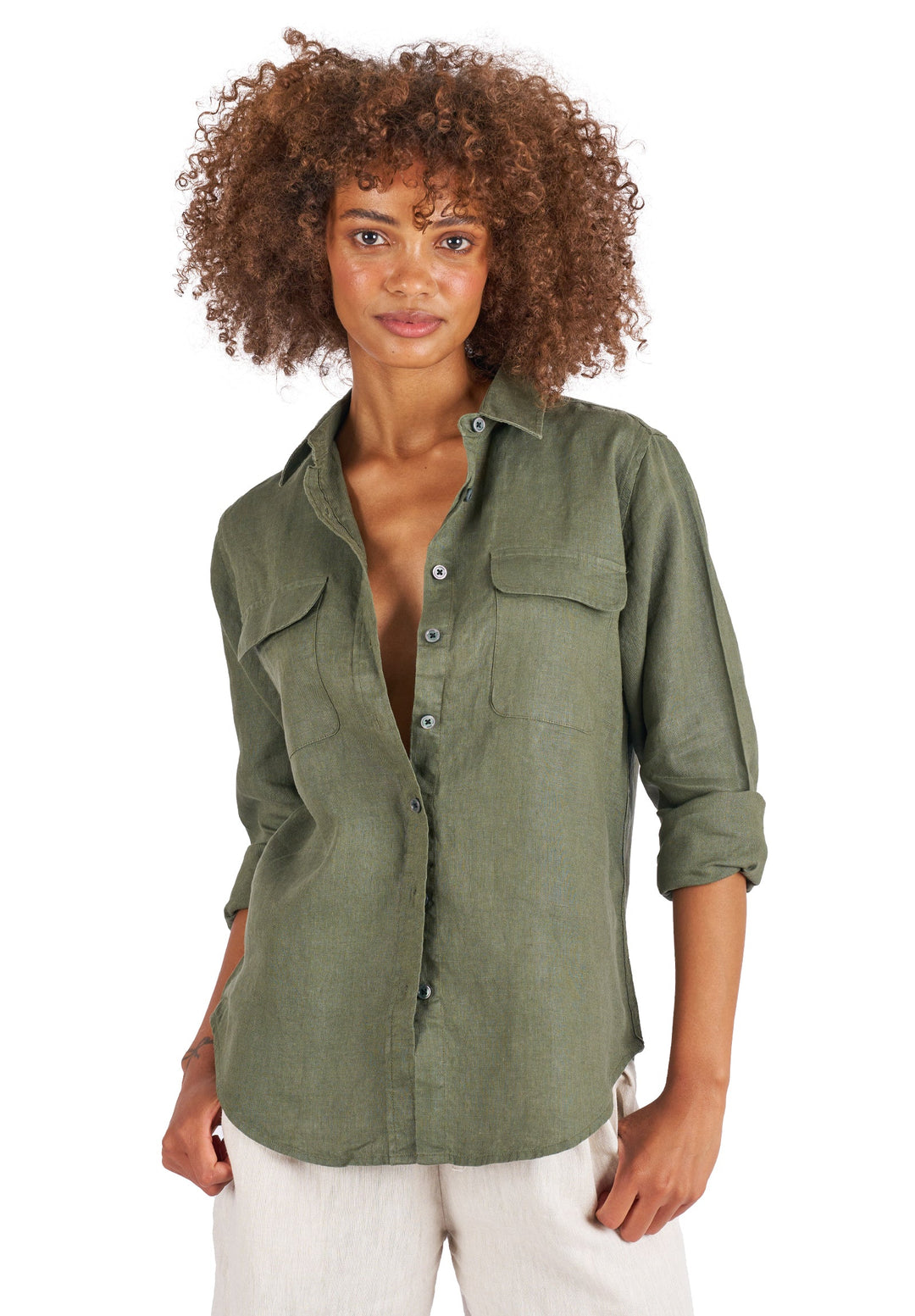 Lete-Linen Green Relaxed Linen Shirt With Pockets