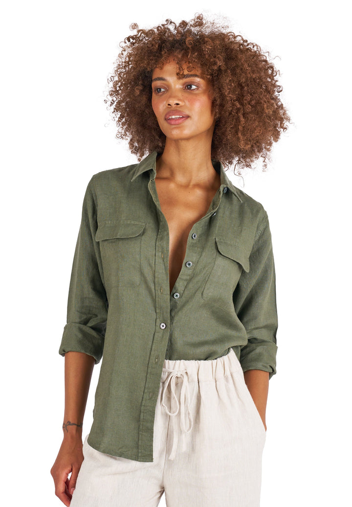 Lete-Linen Green Relaxed Linen Shirt With Pockets