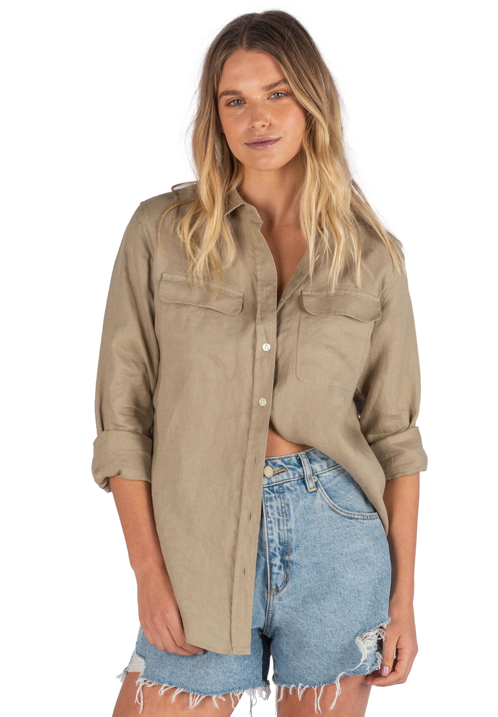 Lete Khaki, Relaxed Linen Shirt with Pockets – CAMIXA USA