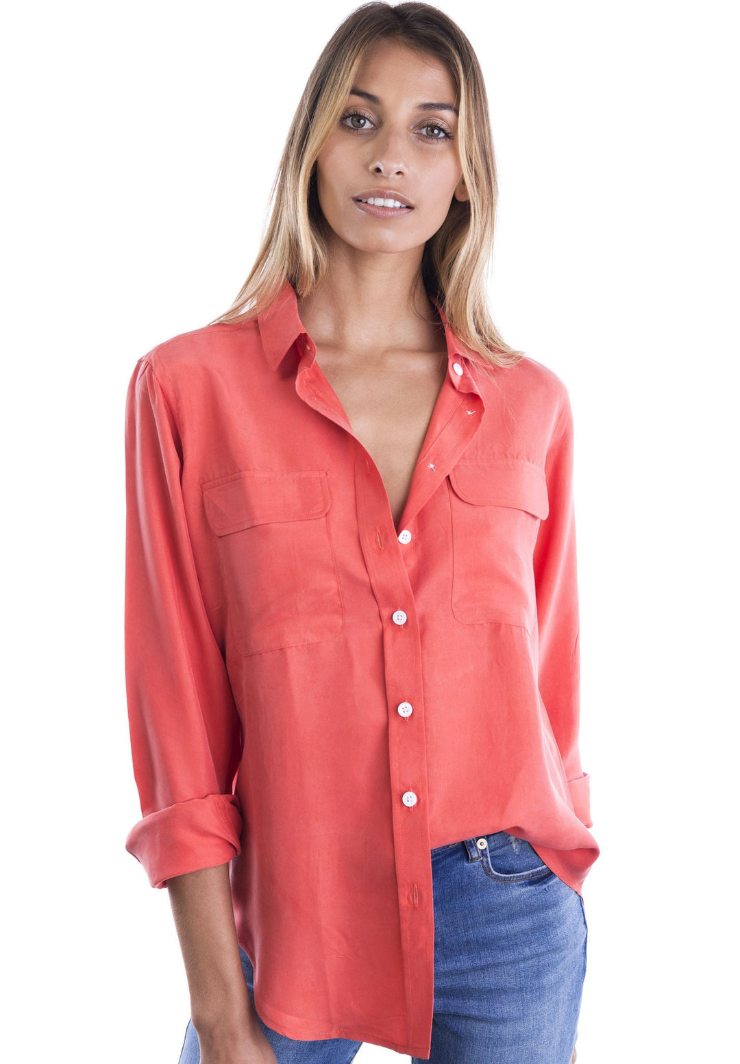 Lete Silk Coral, Sand Washed Shirt with pockets