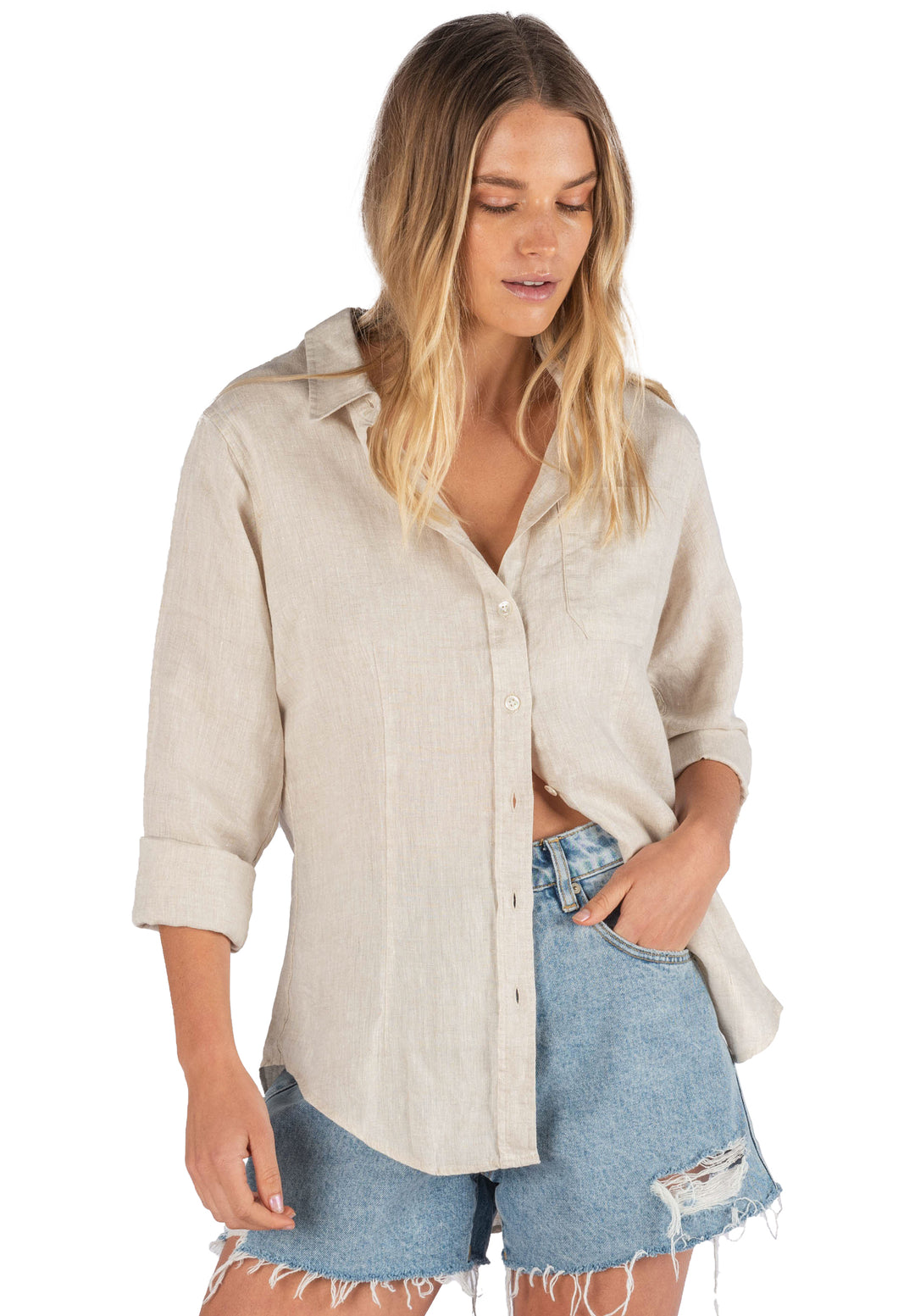 Lina Sand Melange, Slim-Fit Linen Shirt