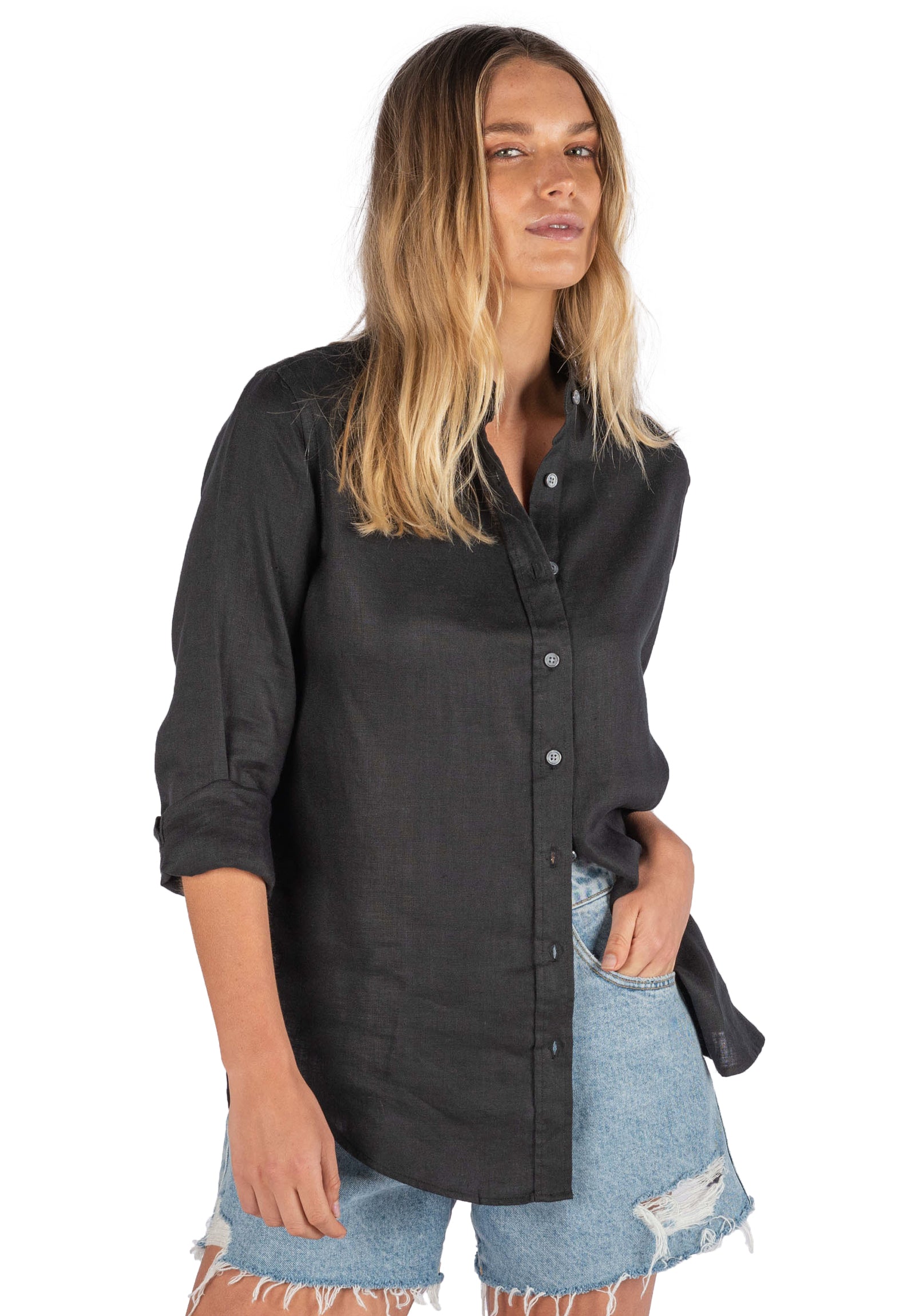 Lotus Black Relaxed Linen Shirt with Mandarin Collar – camixa.com