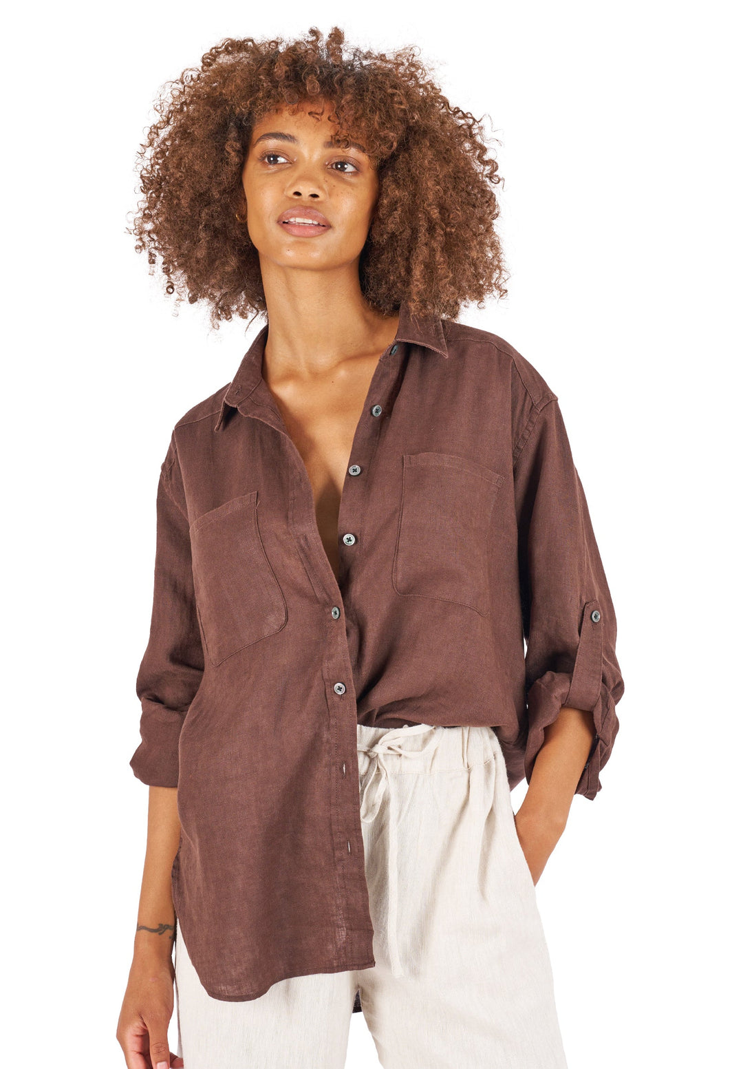 Luna Coffee Oversized Linen Shirt with Pockets