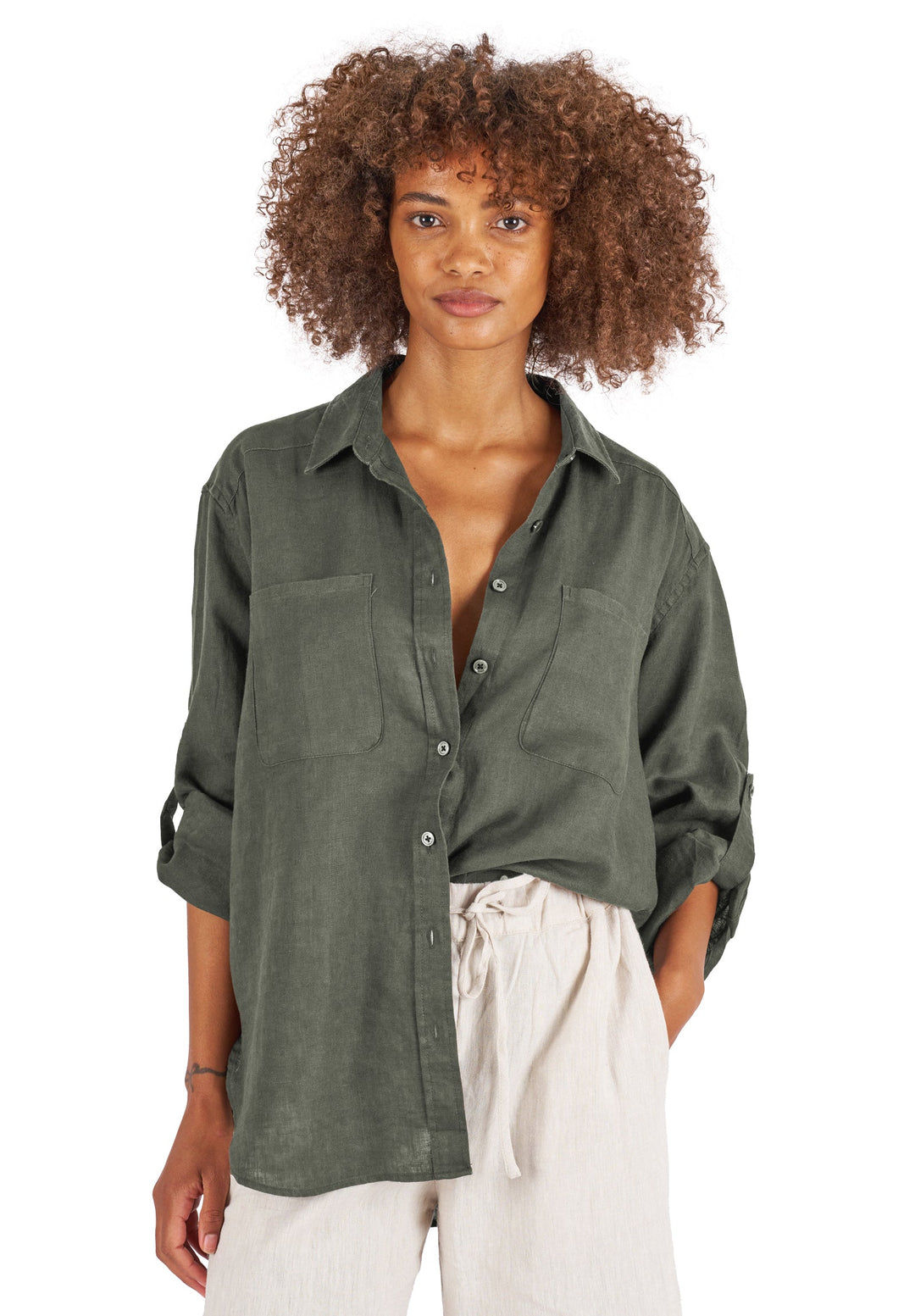 Luna Olive Green Oversized Linen Shirt with Pockets camixa.com Luna Olive Green Oversized Linen Shirt with Pockets camixa.com