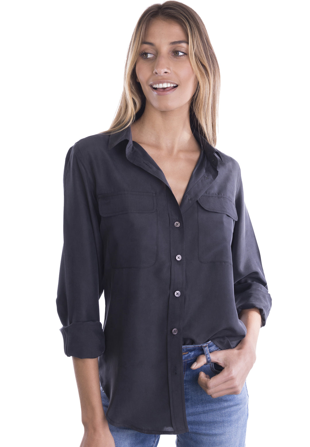 Lete Silk Black, Sand Washed Shirt with pockets