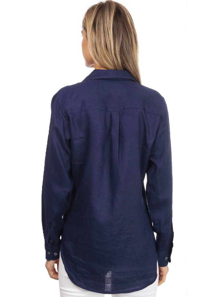 Lina Navy Blue Slim-Fit Linen Shirt