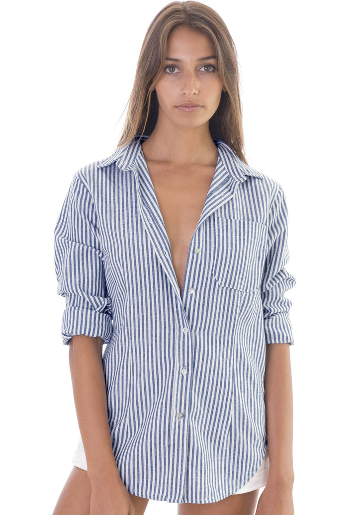 Rina Navy Blue Pin Stripes Slim-Fit Linen Shirt