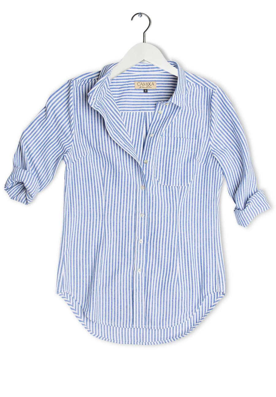 Rina Navy Blue, Pin Striped Linen Shirt – CAMIXA USA