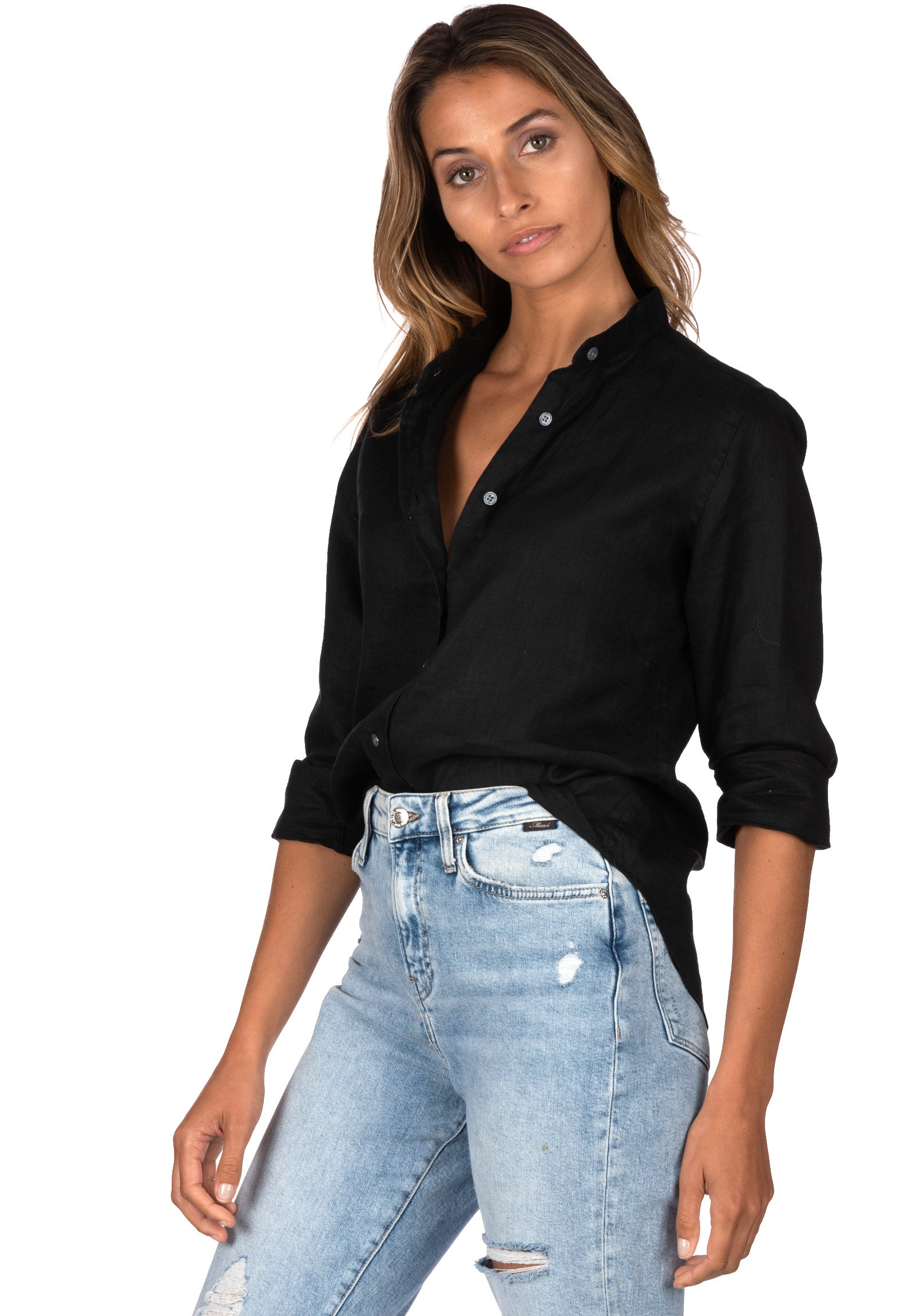 Lotus Black Classic Linen Shirt with Mandarin Collar