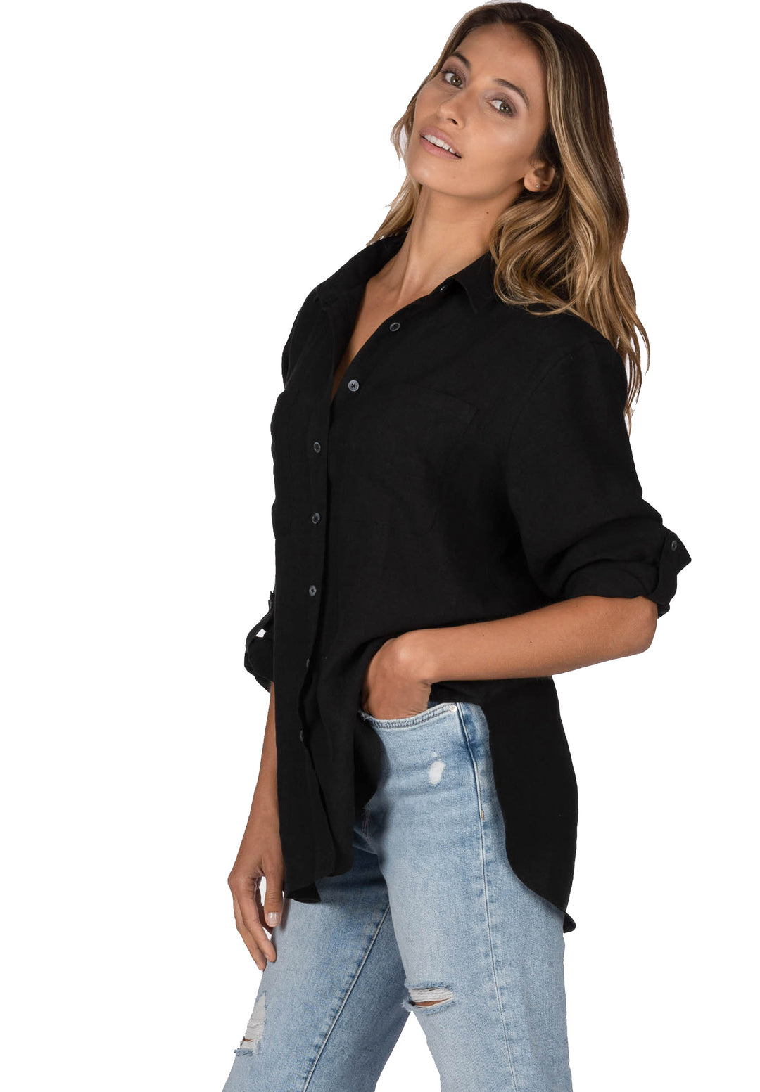 Luna Black Oversized Linen Shirt with Pockets