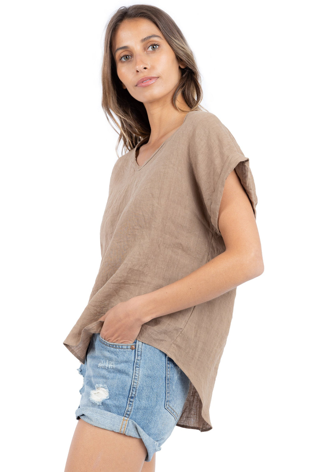Martina Hazelnut, Sand Washed Linen T-Shirt