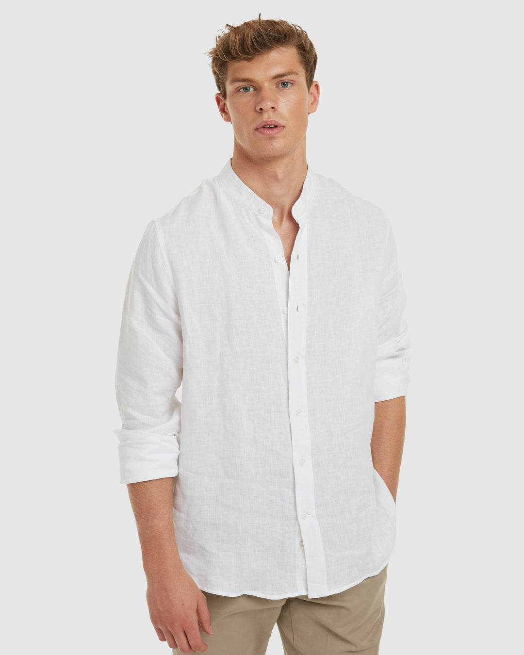 Palma-Slim White Mandarin Collar Linen Shirt Palma-Slim White Mandarin Collar Linen Shirt