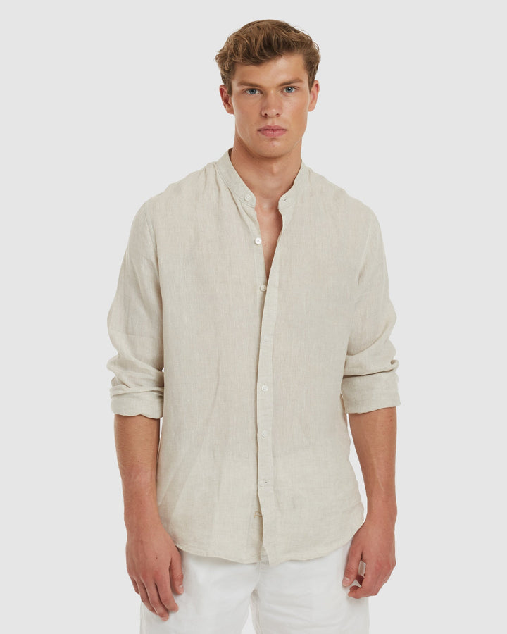 Palma Sand Mandarin Collar Linen Shirt - Casual Fit