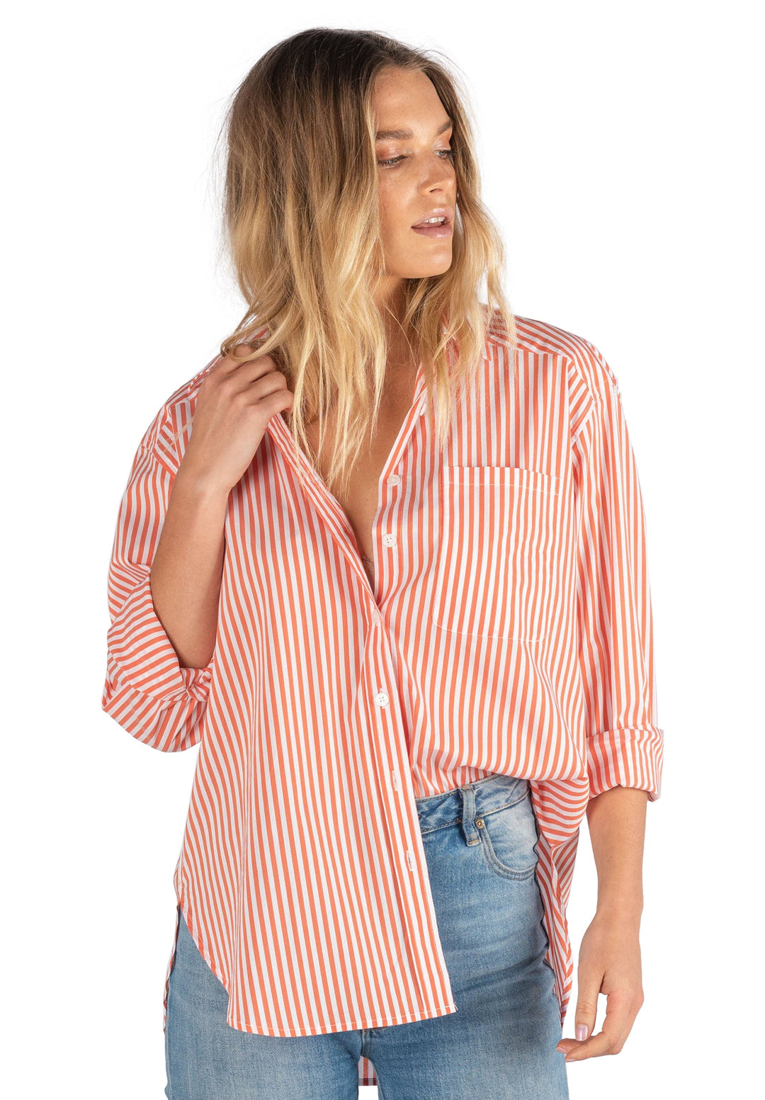 Poppy Orange Stripes Oversize Cotton Shirt