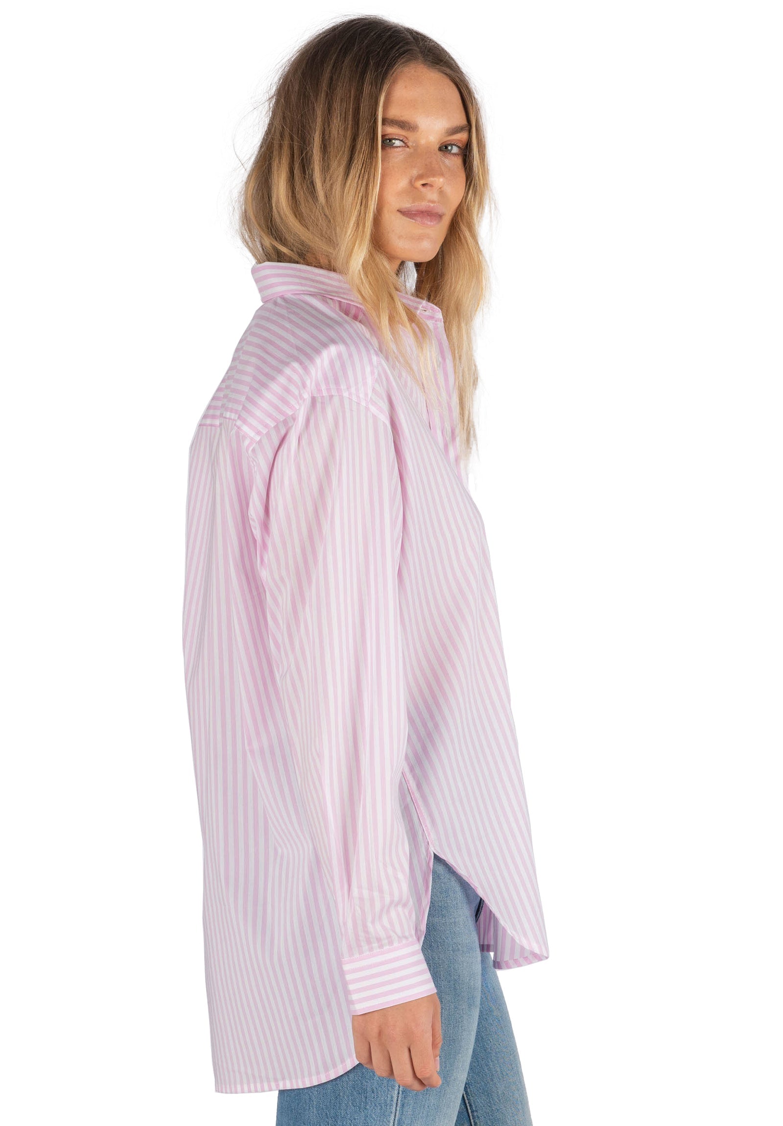 Poppy-Cotton Pink Stripes Oversized Cotton Shirt – camixa.com