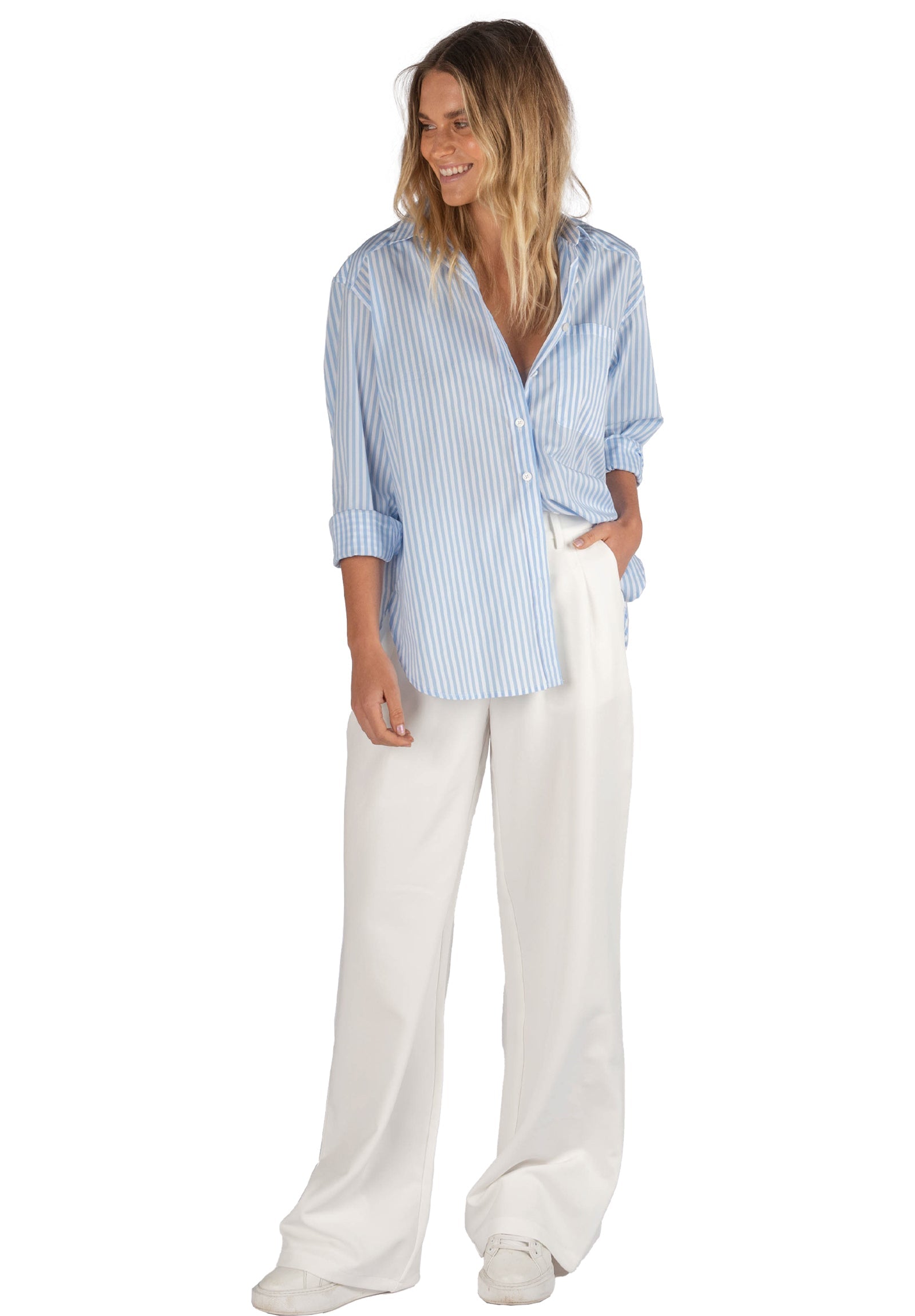 Poppy-Cotton Sky Blue Stripes Oversized Cotton Shirt – camixa.com