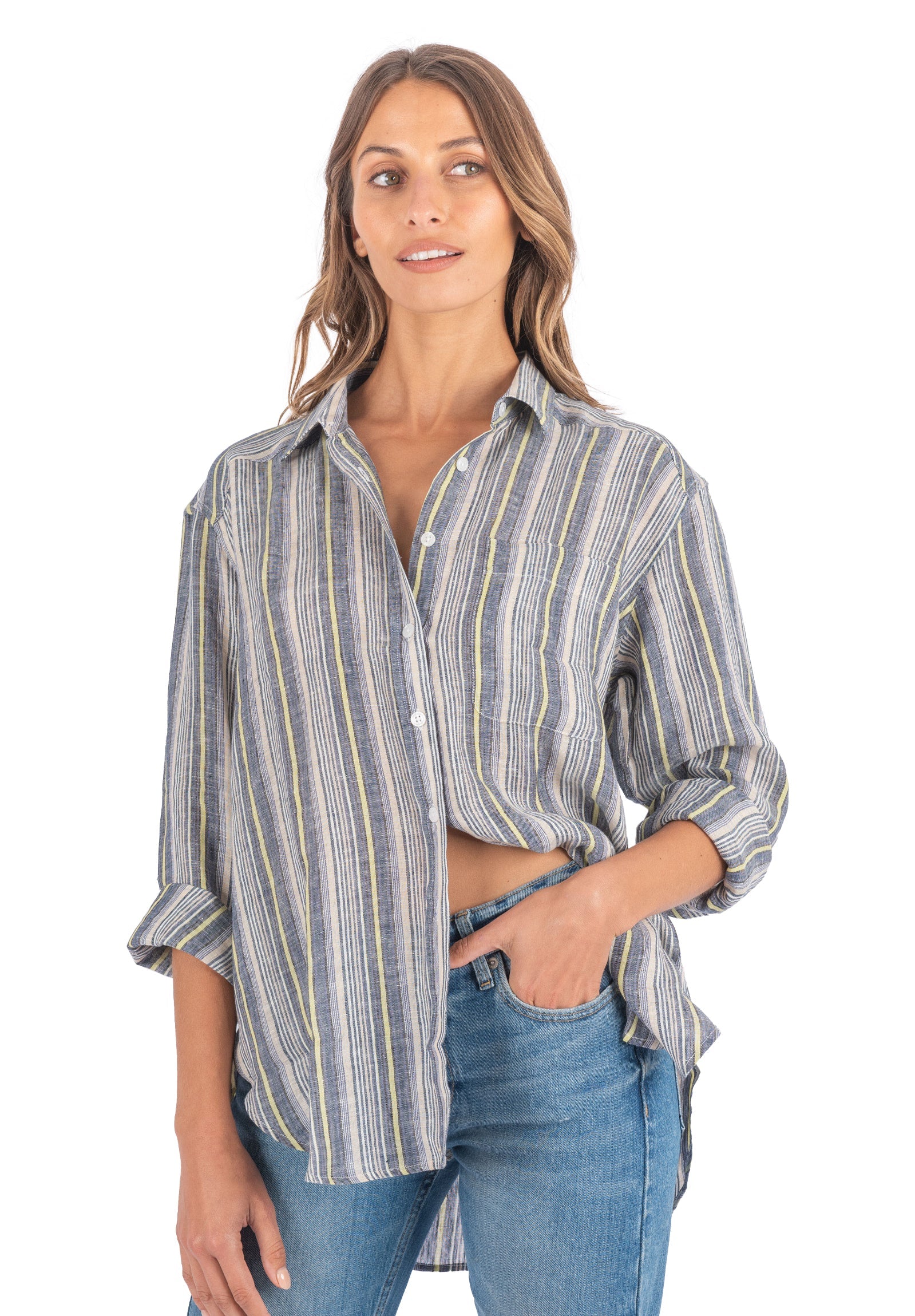 Poppy-Linen Blue Yellow Stripes Oversized Linen Shirt – camixa.com
