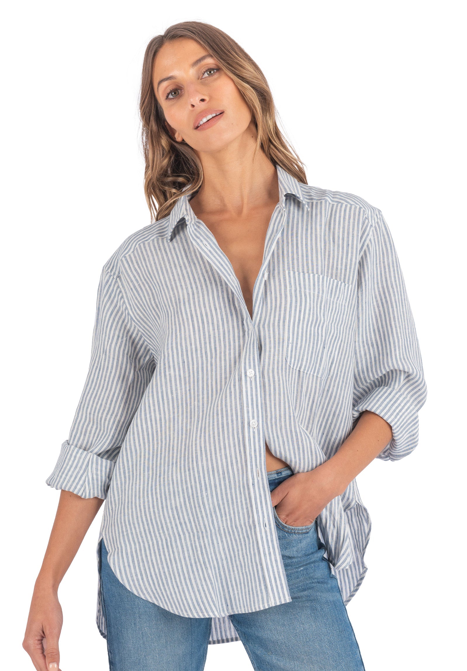 Poppy-Linen Blue Stripes Oversized Linen Shirt – camixa.com