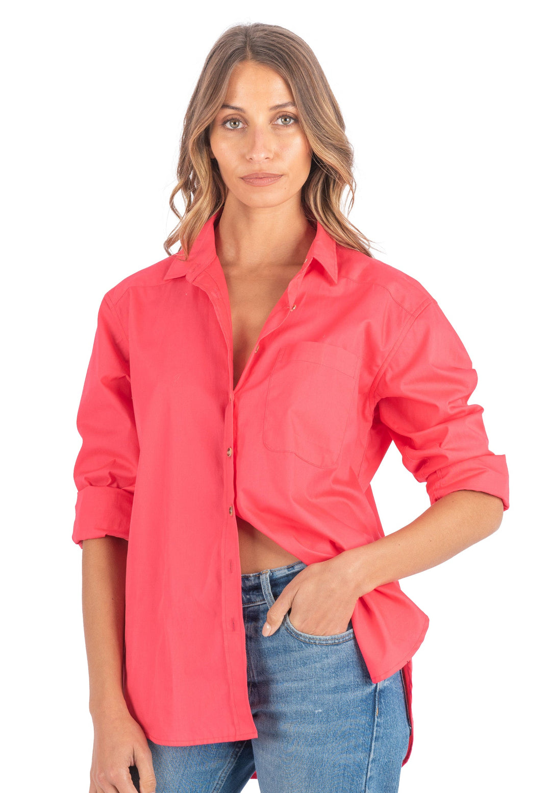 Poppy-Cotton Coral Pink Oversized Cotton Shirt