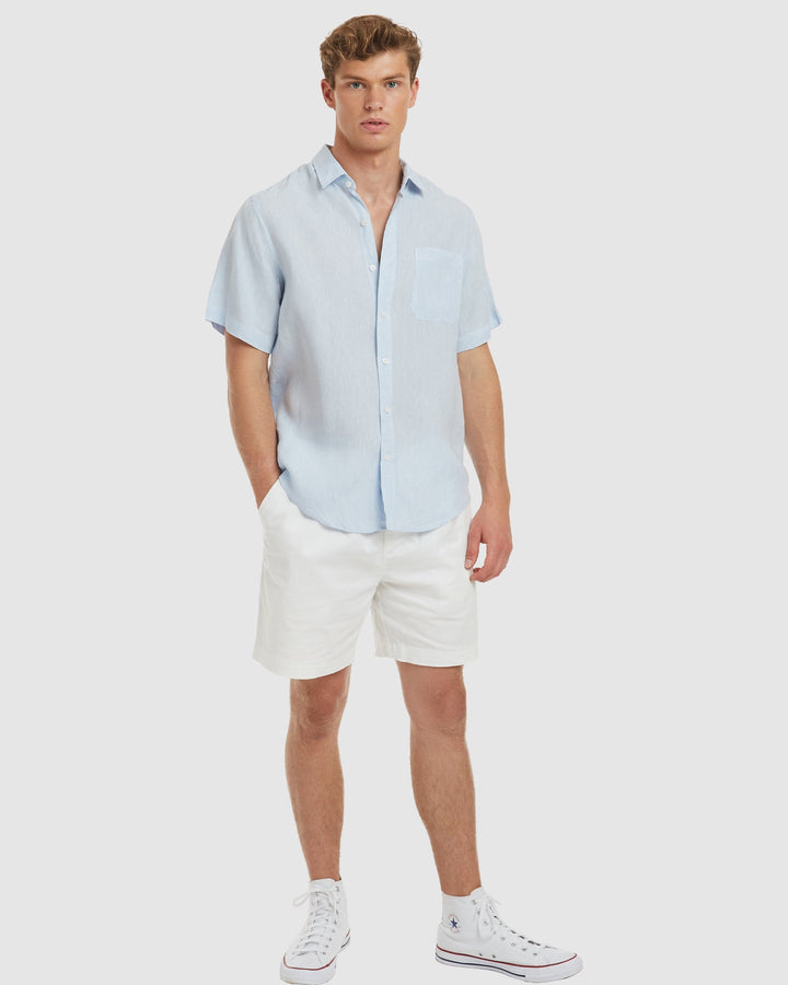 Ravello No Tuck Short Sleeve Sky Linen Shirt - Slim Fit