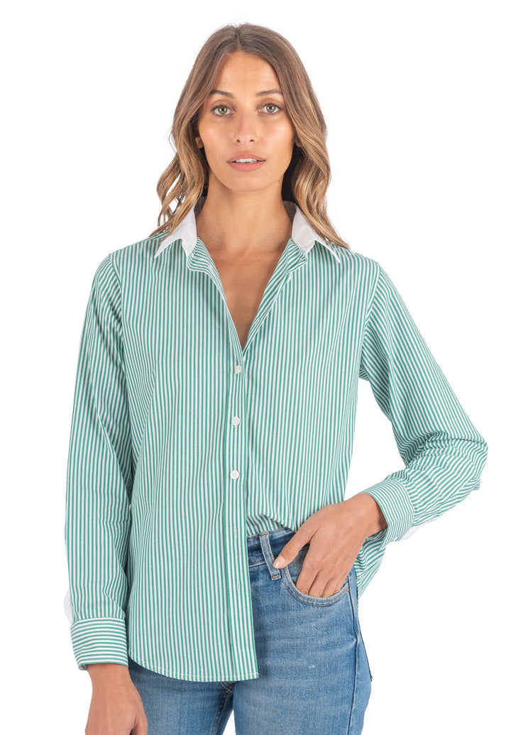 Riga Green and White Stripes Regular Fit Poplin Cotton Shirt