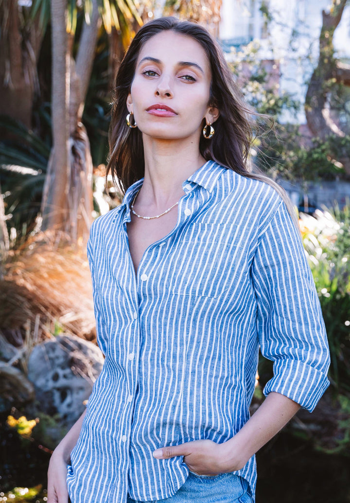 Rina Indigo Blue, Striped Slim-Fit Linen Shirt