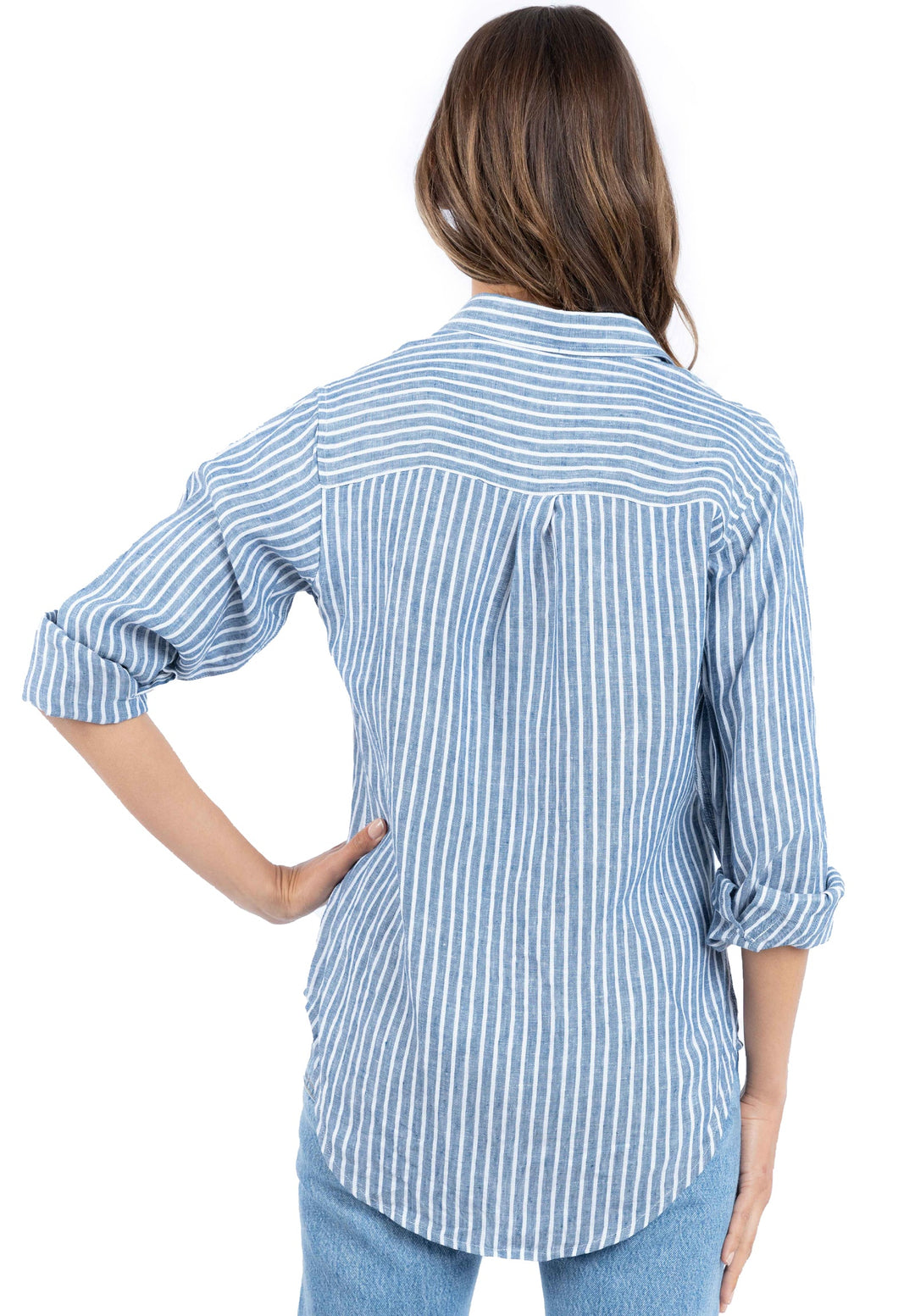 Rina Indigo Blue, Striped Slim-Fit Linen Shirt