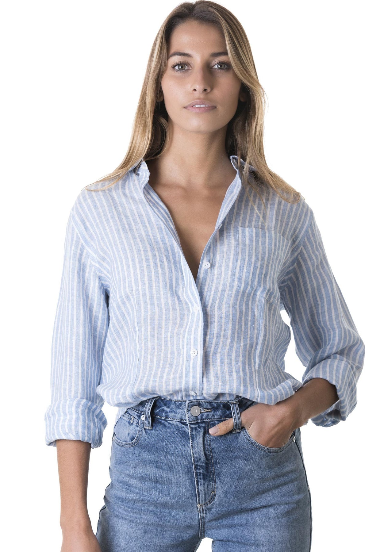【あすつく】 Stripes Chambray Rina Slim-Fit camixa.com – Shirt Linen トップス