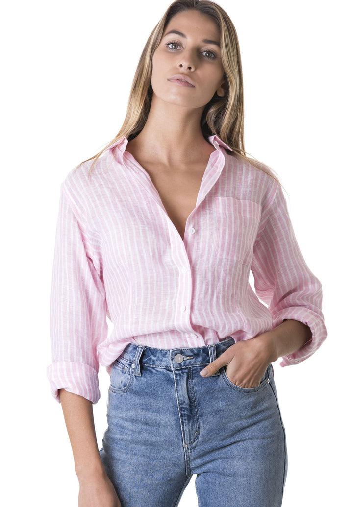 Rina Pink, Striped Slim-Fit Linen Shirt