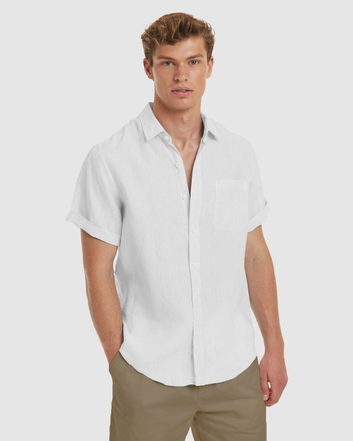 Ravello No Tuck Short Sleeve White Linen Shirt - Slim Fit