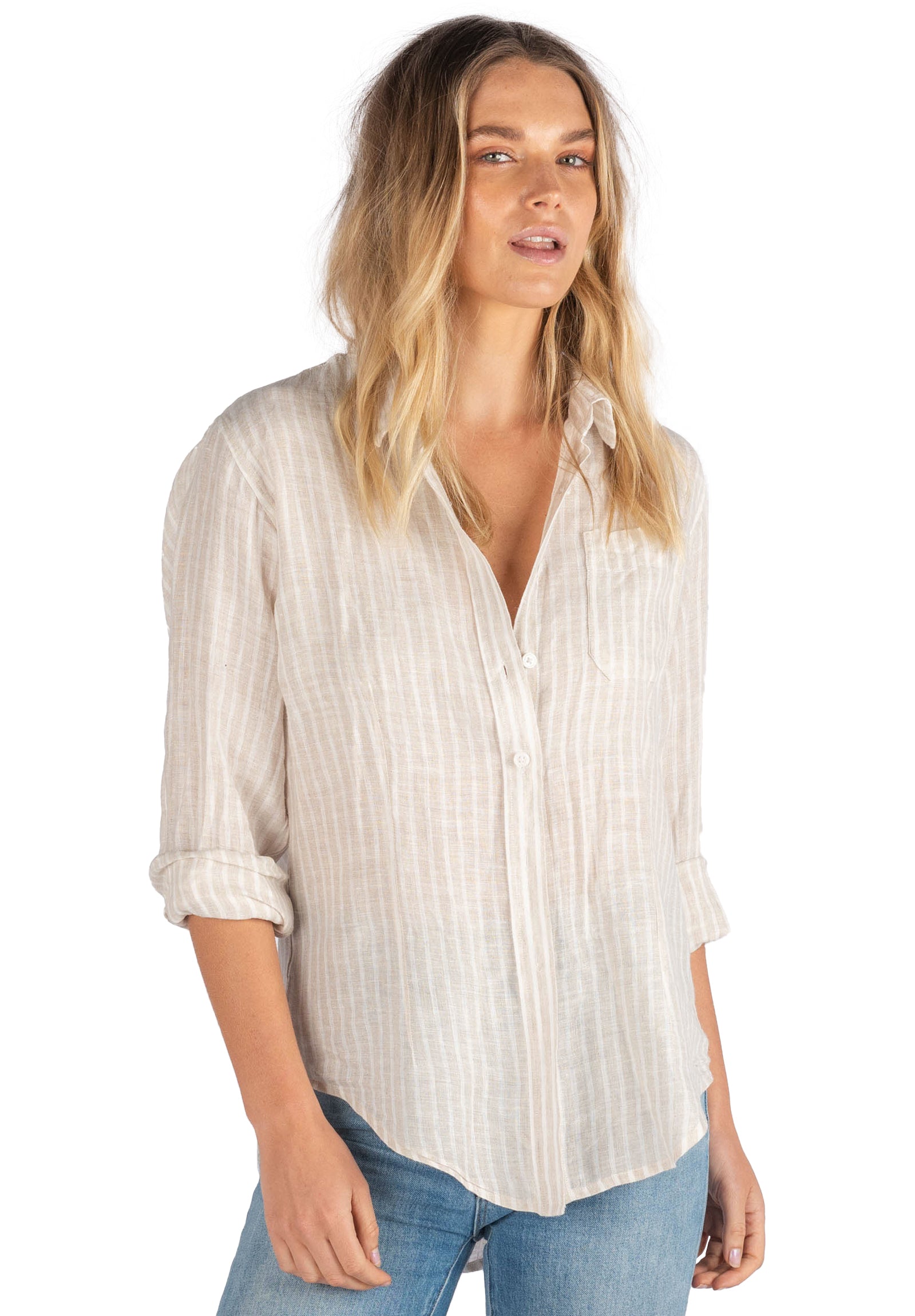 Rina Beige Stripes Slim-Fit Linen Shirt – camixa.com