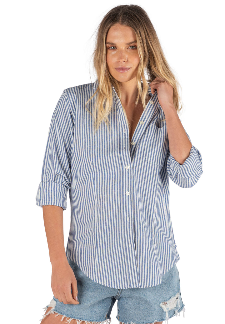 Rina Navy Blue, Pin Striped Slim-Fit Linen Shirt