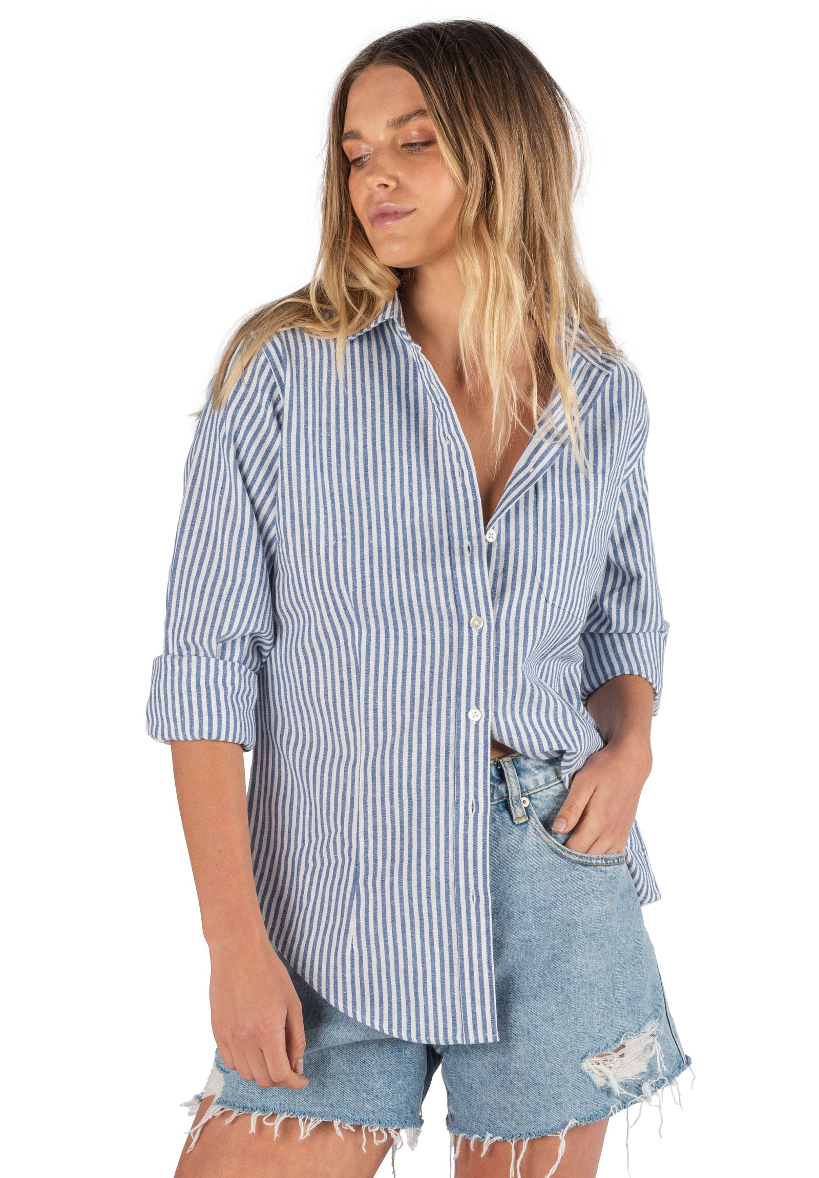 Rina Navy Blue Pin Stripes Slim-Fit Linen Shirt – camixa.com