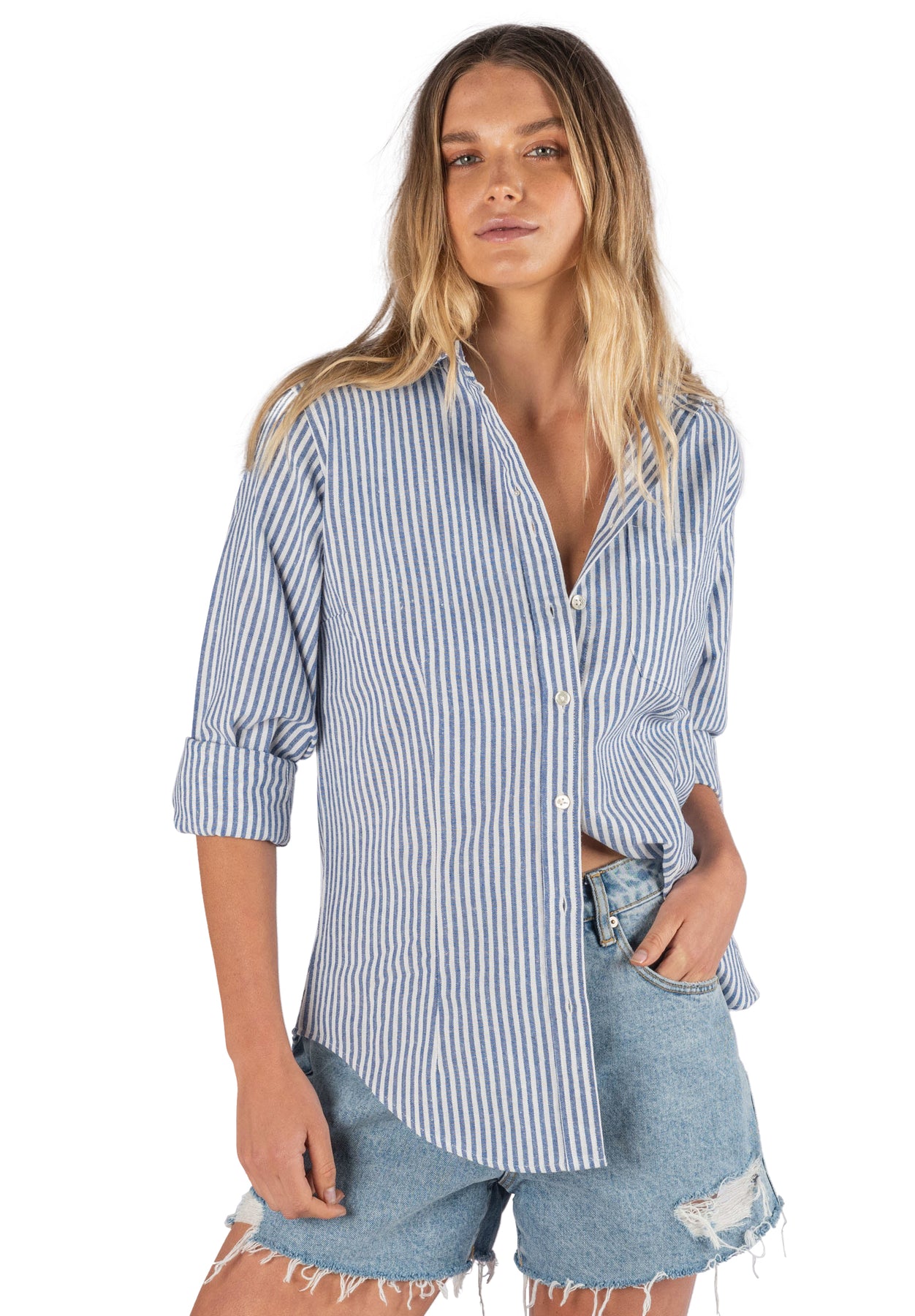 Rina Navy Blue, Pin Striped Linen Shirt – CAMIXA