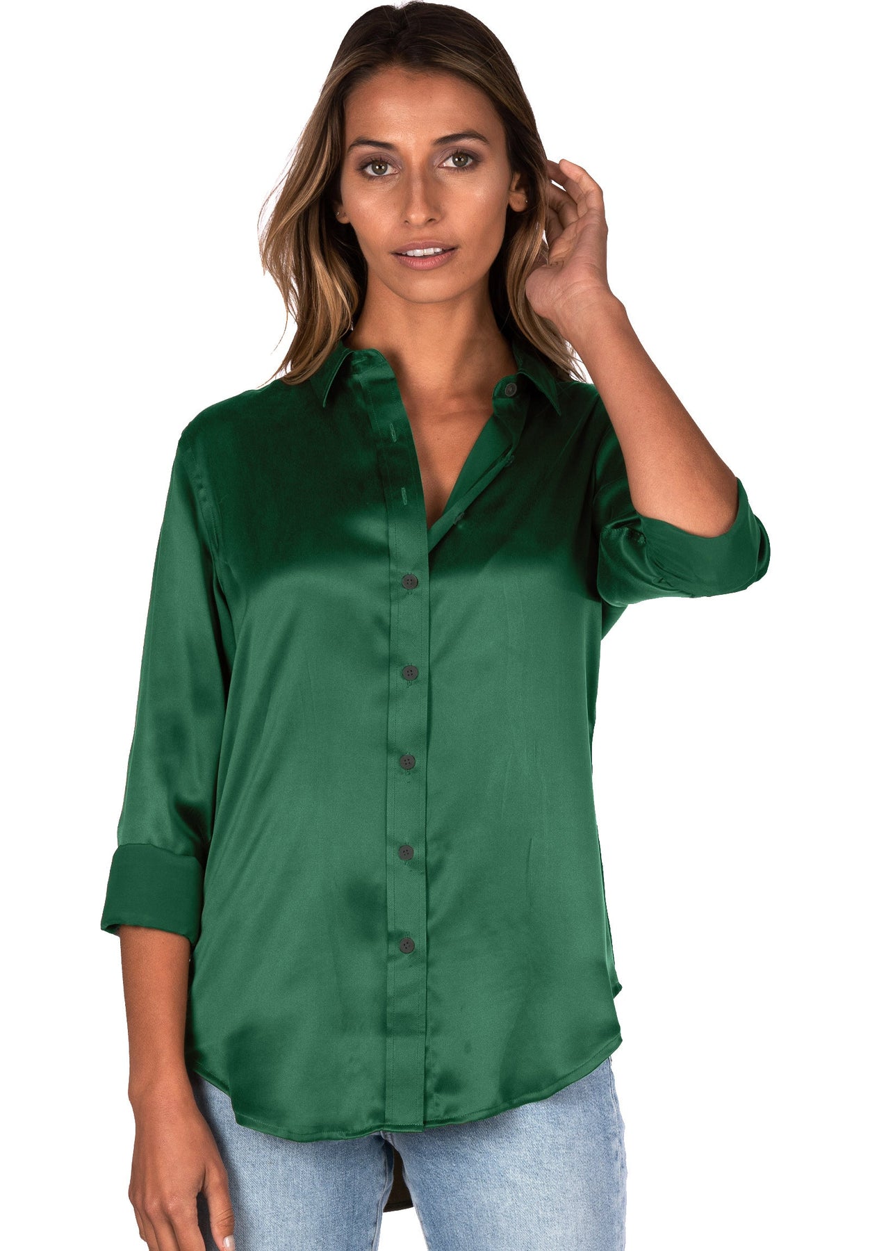 Satin-Silk Emerald Green Classic Fit Charmeuse Silk Shirt camixa.com Satin-Silk Emerald Green Classic Fit Charmeuse Silk Shirt camixa.com