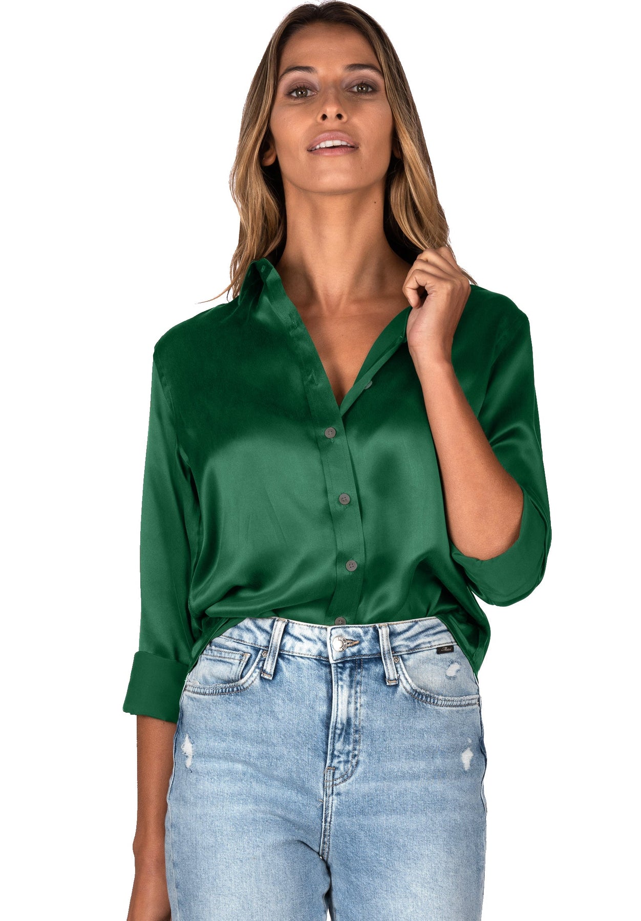 Satin-Silk Emerald Green Classic Fit Charmeuse Silk Shirt  camixa.com